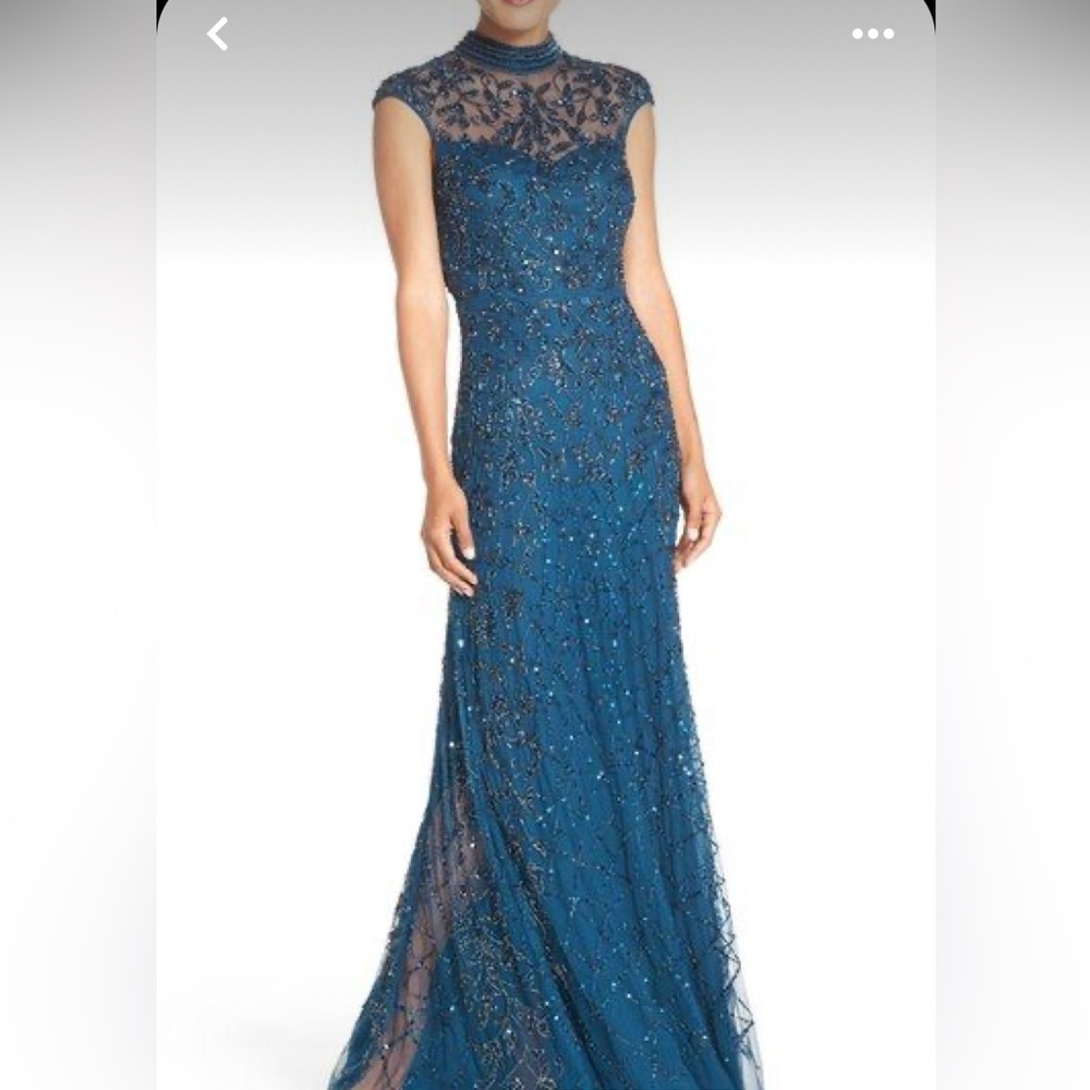 Adrianna Papell Beaded Sequined Drop Shoulder Midnight Teal Evening Gown NWT